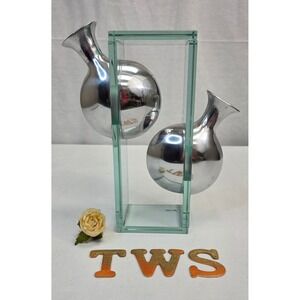 Modern Suspended Aluminum Double Bud Vase in Rectangular Glass Frame Silver Tone